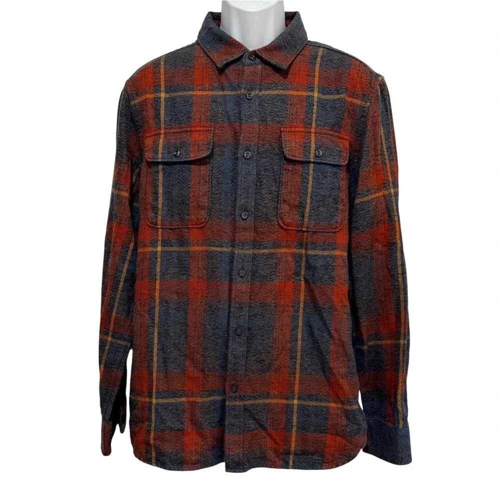 The North Face Men L Plaid Flannel Shirt 100% Cotton Orange Gray Workwear